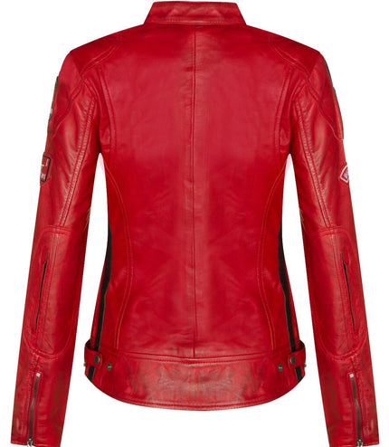 Womens Biker Racing Badges Leather Jacket-Eastleigh - Red