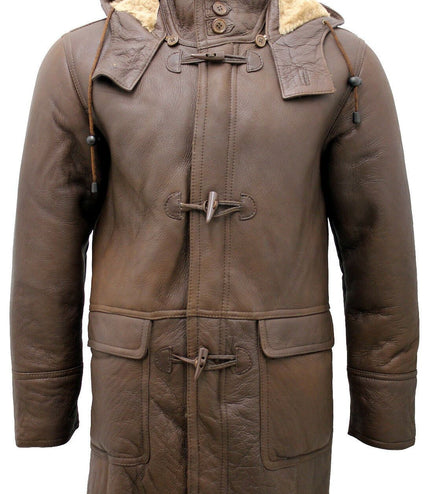 Mens Sheepskin Leather Hooded Duffle Coat-Hanko