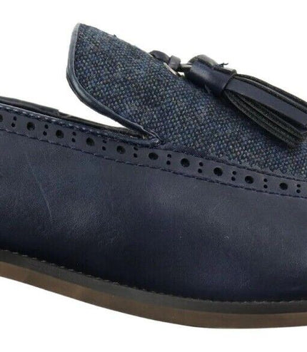Mens Tasselled Navy Leather Tweed Brogue Slip On Loafers