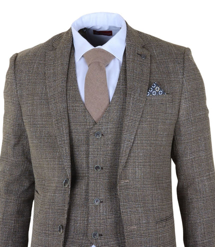 Men's 3-Piece Brown Classic Check Suit Slim Fit Plain Formal Party Suit