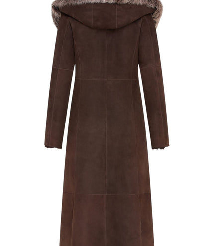 Womens Suede Toscana Sheepskin Hooded Trench Coat-Rushden - Brown Silver