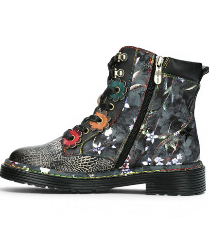 Laura Vita Women's Gothic Victorian Floral Black Leather Lace-Up Boots - Incaso-39