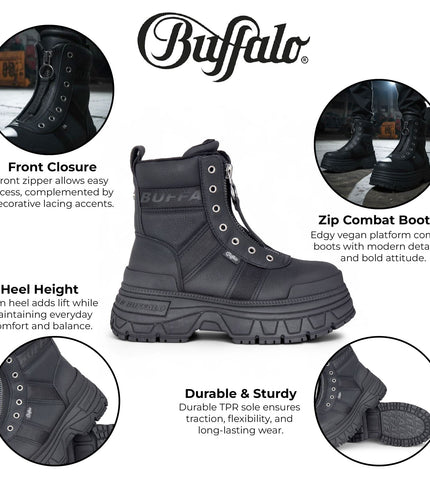 Buffalo Womens Black Chunky Platform Front Zip High Ankle Combat Boots - Fusion