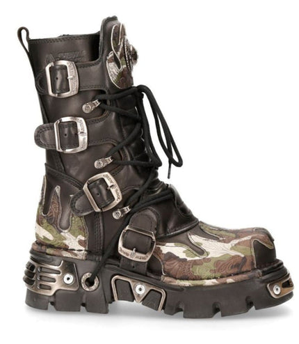 New Rock M-591-S15 black leather biker boot with camouflage flame overlay side profile