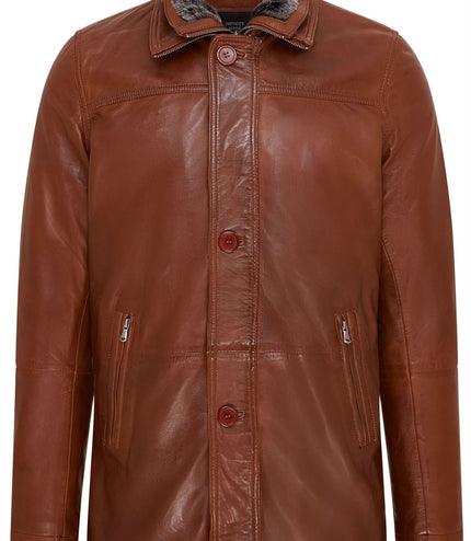 Mens Leather Jacket Classic Trench Coat with Removable Collar Mid Length Warm Overcoat - Tan