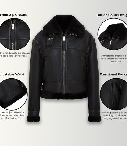 Womens Black B3 Shearling Sheepskin Leather Aviator Bomber Flying Jacket
