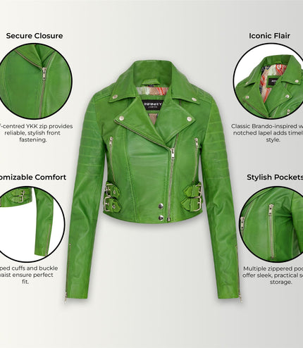 Womens Cropped Brando Leather Biker Jacket-Damascus - Apple