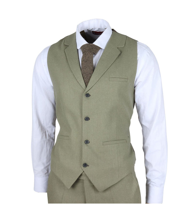 Men's Sage Green Tailor Fit 3 Piece Linen Summer Wedding Suit