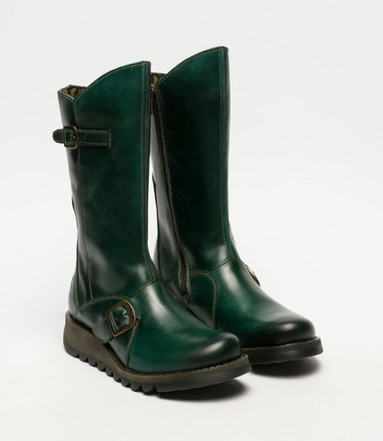 Fly London Womens Green Mes 2 Wedge Heel Buckle Mid-Calf Leather Zip Platform Boots