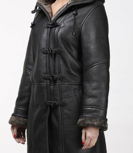 Womens Black Shearling Hooded Duffle Coat-Lille