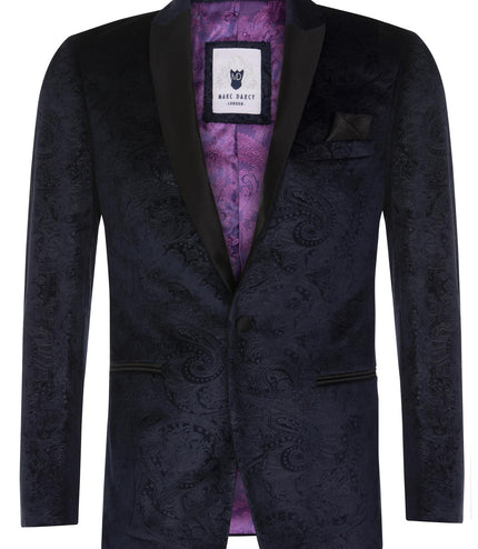 Mens Navy Velvet Paisley Blazer Dinner Jacket