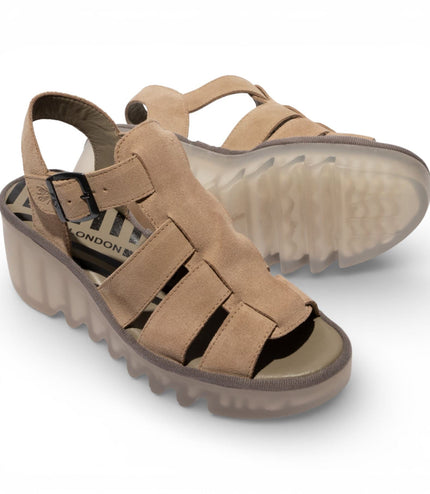 Fly London Women's BAIC621FLY Taupe Suede Leather Wedge Sandals