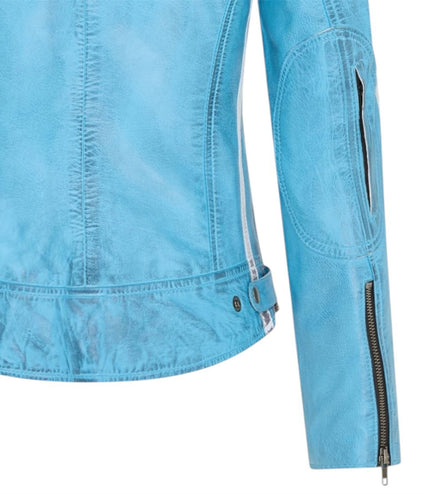 Womens Biker Racing Badges Leather Jacket-Eastleigh - Baby Blue