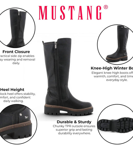 Mustang Women's Black Knee High Chunky Long Winter Boots - M0062001