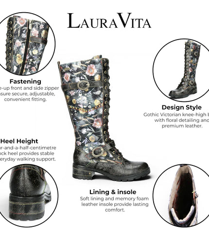 Laura Vita Women's Victorian Floral Black Leather High Lace-Up Long Boots - Cocrailo-82