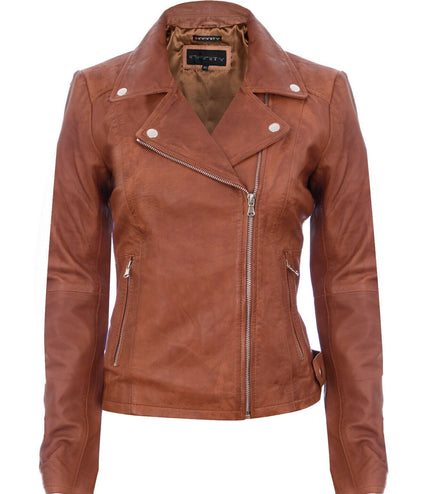 Womens Tan Leather Biker Jacket-Sacramento