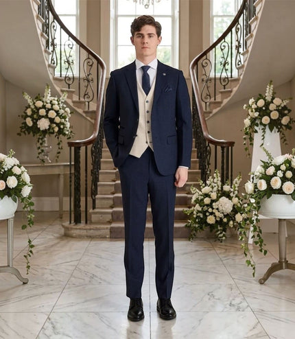 Men's Check Navy Blazer Cream Waistcoat Wedding 3 Piece Suit - Regent