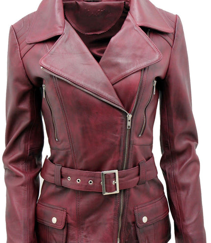 Womens Long Leather Biker Jacket-Quito - Burgundy