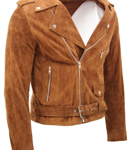Mens Goat Suede Leather Brando Biker Jacket-Melbourne - Tan