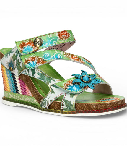 Laura Vita Women's Balade 32 Rose Pink Floral Leather Wedge Espadrille Sandals - Green