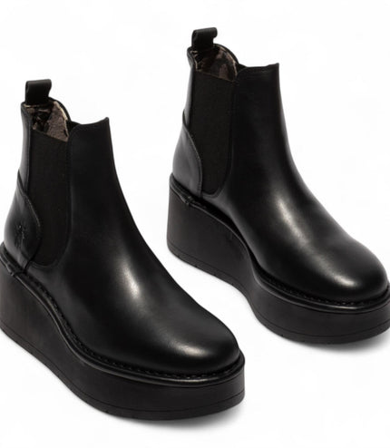 Fly London Womens Black Hely268 Chelsea Leather Ankle Pull-On Platform Comfort Boots