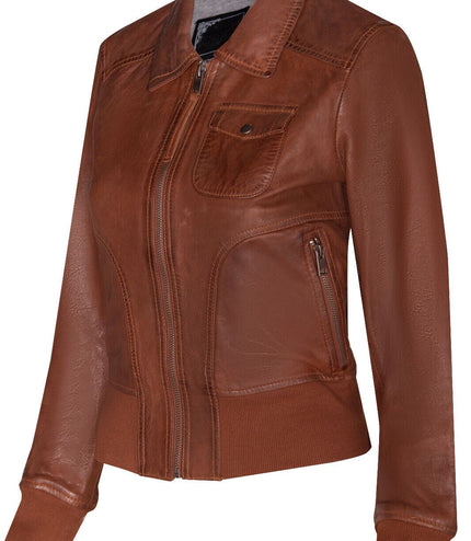 Womens Leather MA-1 Varsity Jacket-Ann Arbor - Tan