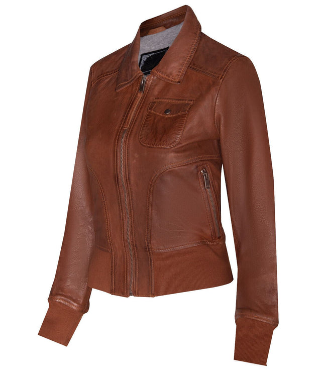 Womens Leather MA-1 Varsity Jacket-Ann Arbor - Tan
