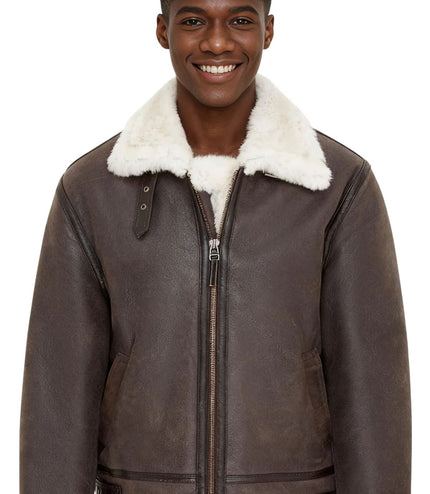 Mens Creck Brown Warm Sheepskin Aviator Zip-Up Flight Jacket-Harrogate