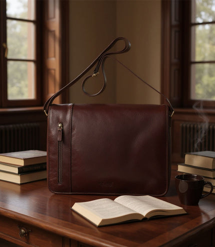 Genuine Leather Brown Laptop Satchel Messenger Shoulder Bag - Astor