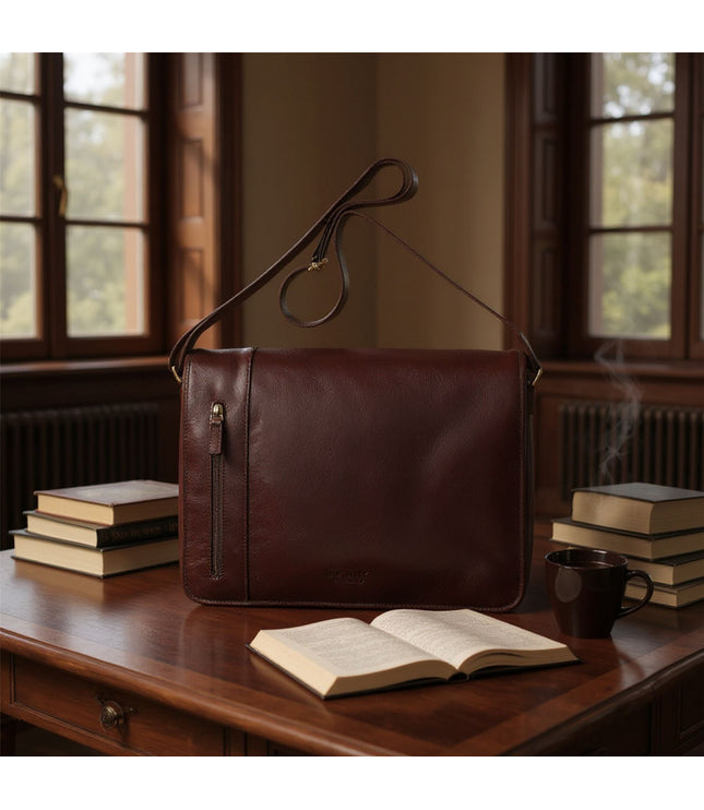 Genuine Leather Brown Laptop Satchel Messenger Shoulder Bag - Astor