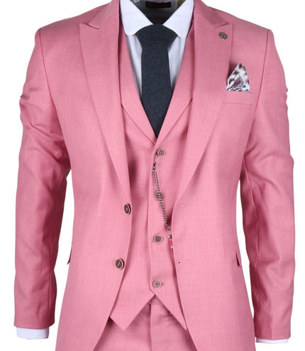 Men's 3 Piece Pink Tailored Fit Party Suit Race Day
