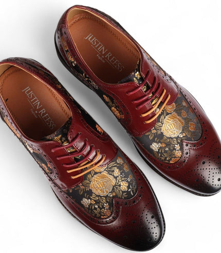 Justin Reess Men's Wine Leather Floral Print Brogue Dress Shoes - Ross