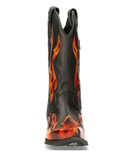 New Rock Flame Accented Black/Red Mid-Calf Cowboy Boots -7921-S2