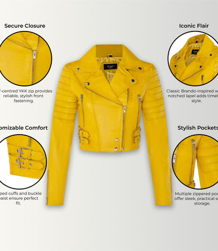Womens Cropped Brando Leather Biker Jacket-Damascus - Yellow