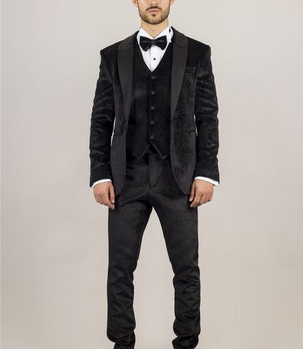 Men's Black 3 Piece Velvet Wedding Tuxedo Formal Suit