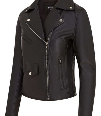 Women's Classic Brando Biker Leather Jacket - Broome - Black