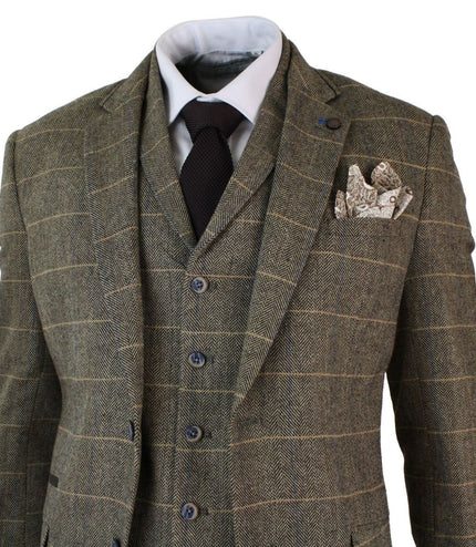 Mens 3 Piece Tan Brown Check Tweed Herringbone Vintage Classic Suit