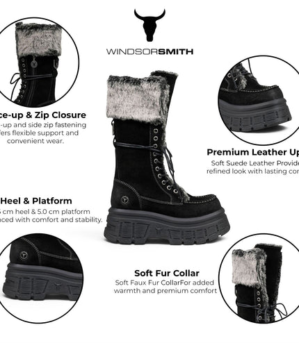 Windsorsmith Women's Black Suede Leather Platform Combat Fur Boots - Saintly