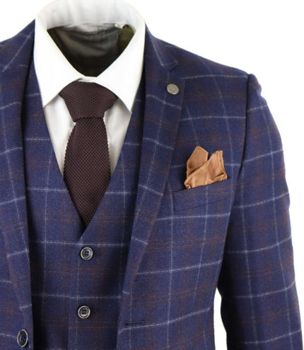 Mens 3 Piece Navy Blue Wool Check Retro Suit