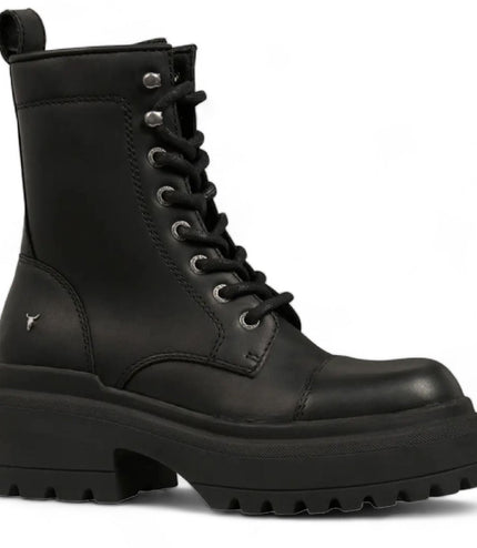 Windsorsmith Womens Black Leather Chunky Platform Combat Boots - Destroy