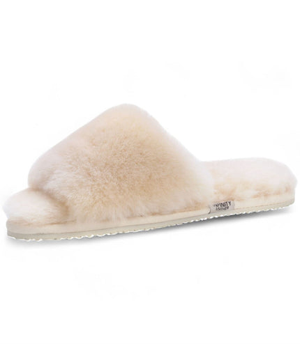 Women's Sheepskin Slippers Beige Warm Winter Fur Sliders - Nordic