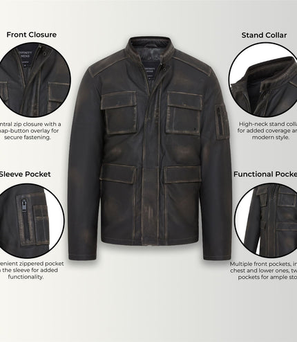 Men's Black Vintage Lamb Leather Safari Parka Jacket Coat