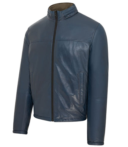 Mens Reversible Hooded Leather Jacket Premium Lambskin Napa - Blue/Khaki