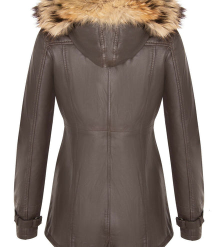 Womens Warm Leather Hooded Parka Jacket-Northwich - Brown