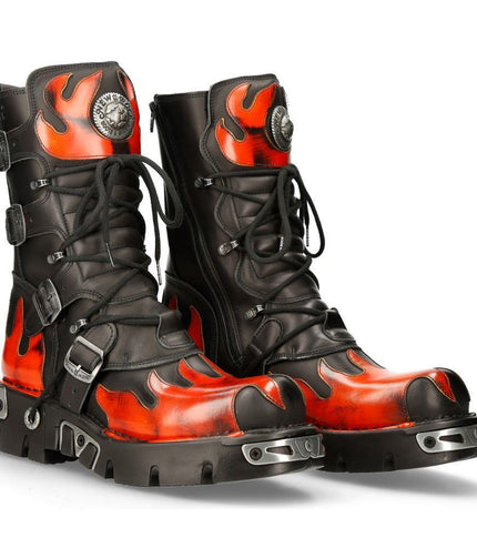 Pair of New Rock 591-S1 red flame accented boots standing three-quarter view