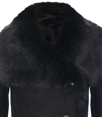 Womens Suede Merino Shearling Coat with Toscana Collar-Hanoi - Black