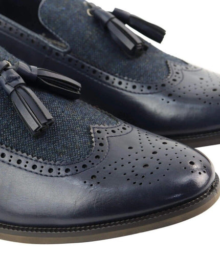 Mens Tasselled Navy Leather Tweed Brogue Slip On Loafers