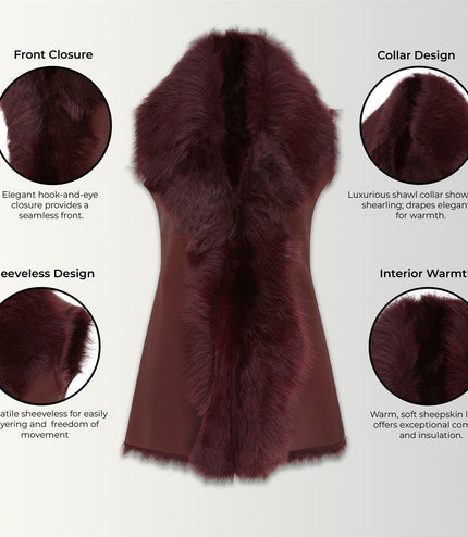 Women's Burgundy Red Toscana Shearling Nappa Leather Sheepskin Gilet - Parkes