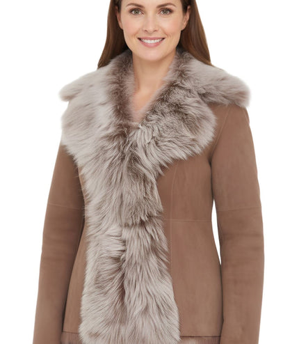 Women's Taupe Sheepskin Toscana Shearling Suede Leather Jacket - Noir