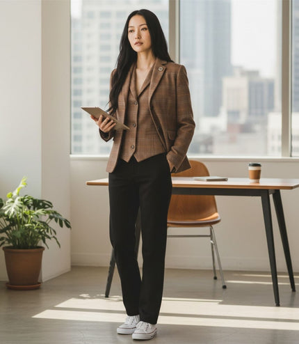 Women's Oak Brown 2 Piece Check Formal Tweed Blazer & Waistcoat Set - TPSTZ-7